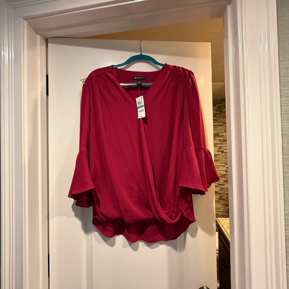 INC International Concepts Red Ruffled Wrap Blouse with Bell Sleeves